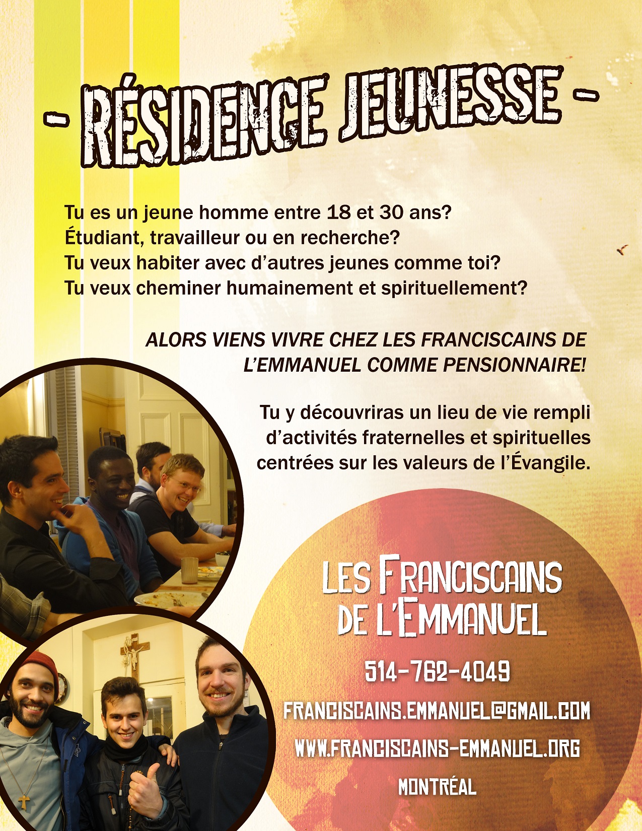 Invitation des Franciscains de l'Emmanuel aux jeunes étudiants ou travailleurs pour résider à Montréal